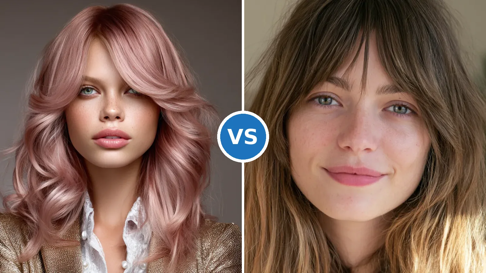 Side-by-side comparison of curtain bangs and butterfly layers on long hair showing styling differences
