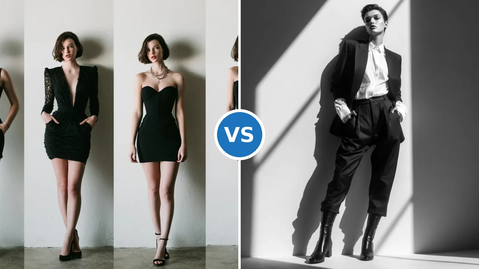 Side-by-side comparison of minimalist neutral capsule wardrobe versus gender neutral capsule wardrobe styling