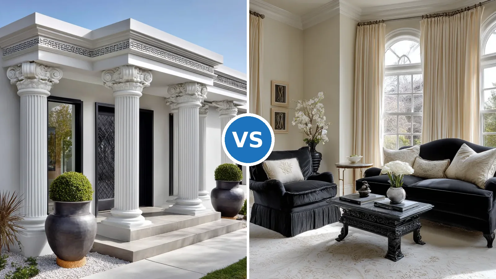 Roman column architectural detail beside a cream-and-black living room with matte black coffee table