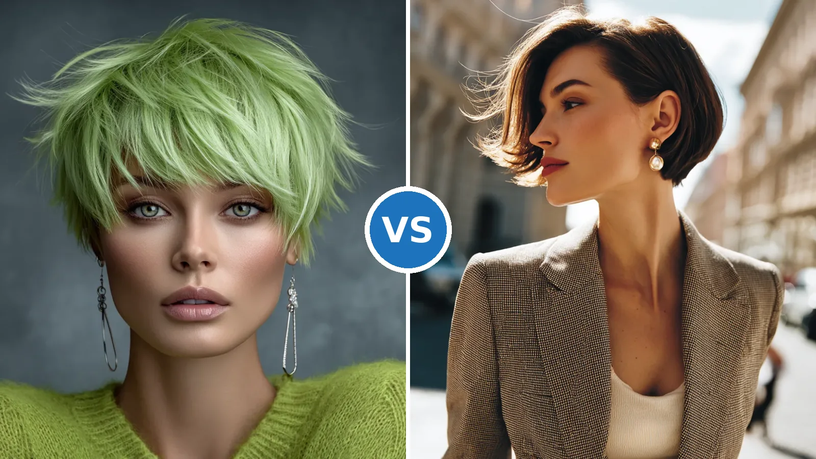Side-by-side comparison of shaggy pixie cut with textured layers and wedge haircut with angled silhouette