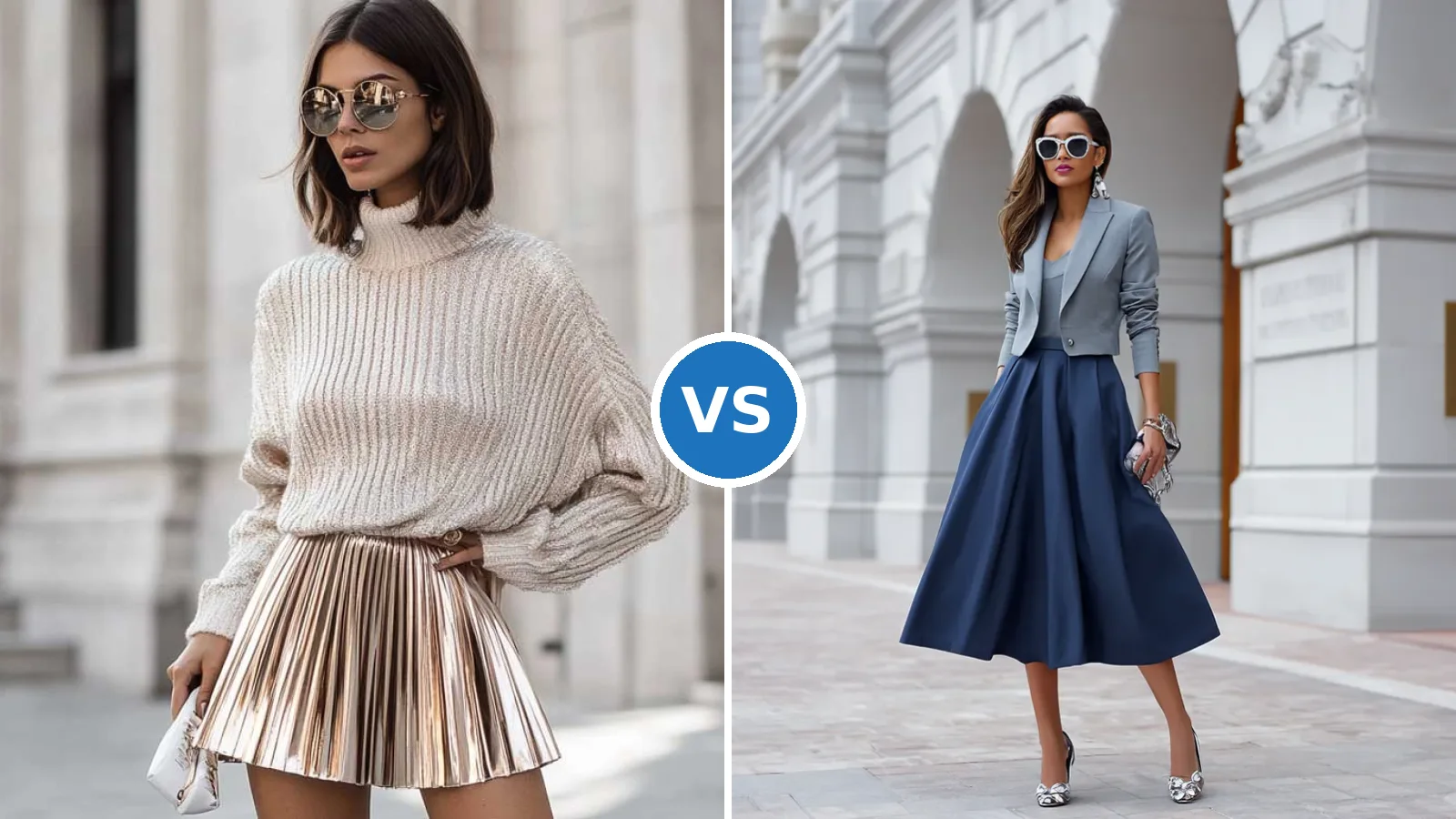 Side-by-side styling comparison of short metallic skirt versus long skirt with cropped jacket