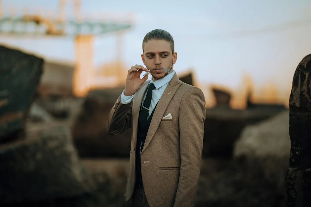 Full-length quiet luxury menswear silhouette with proportioned blazer and tapered trousers
