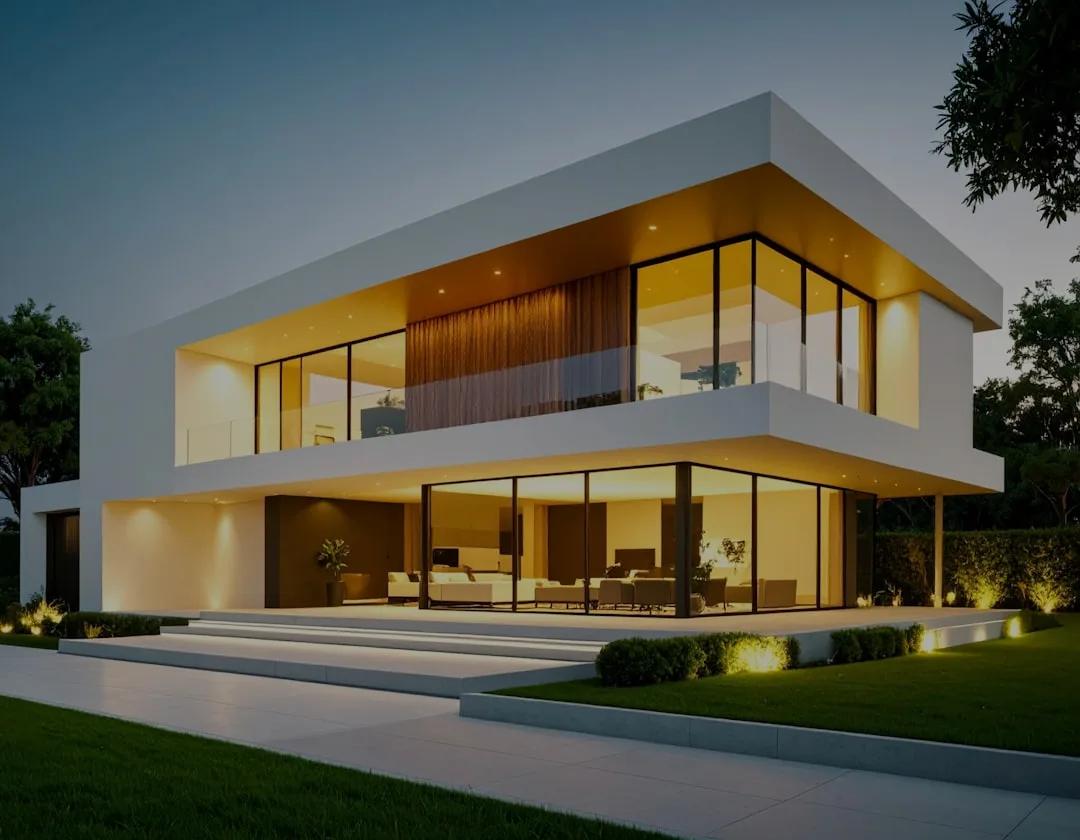 Modern net-zero energy home with solar panels and stone facade