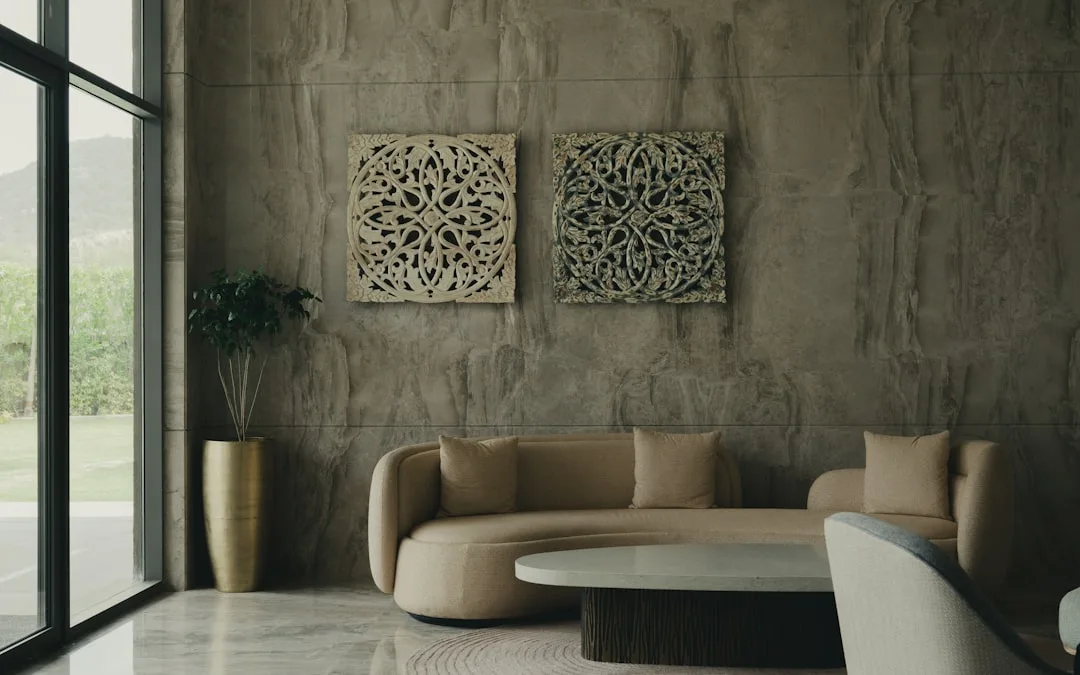 Closeup of Venetian plaster texture showing layers and light absorption in living room