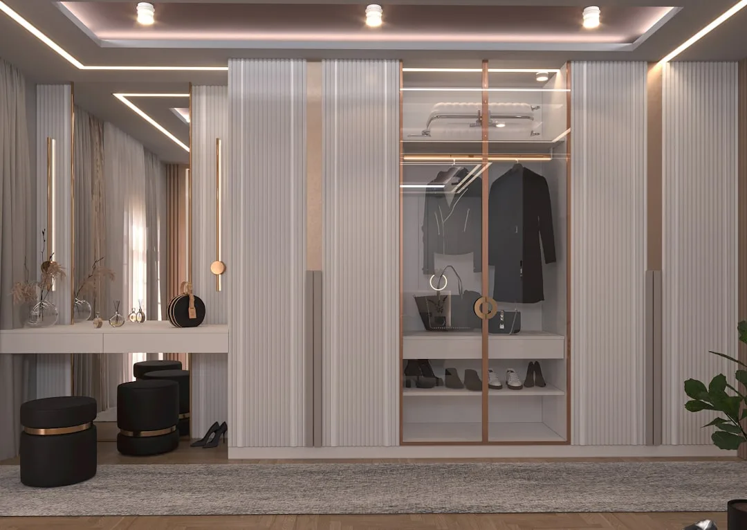 Wooden closet island system with tiered shelving and accessory cubbies
