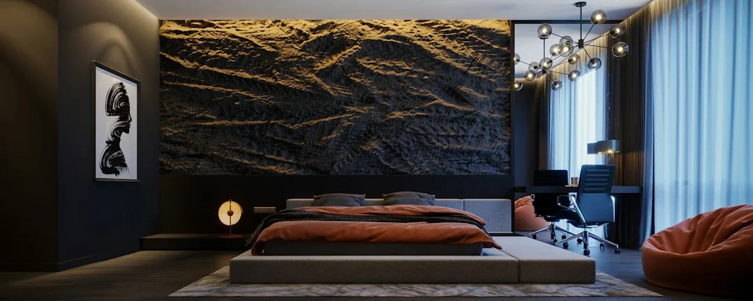Natural wood wall panels installed in living room showing warm tone and dimensional surface treatment