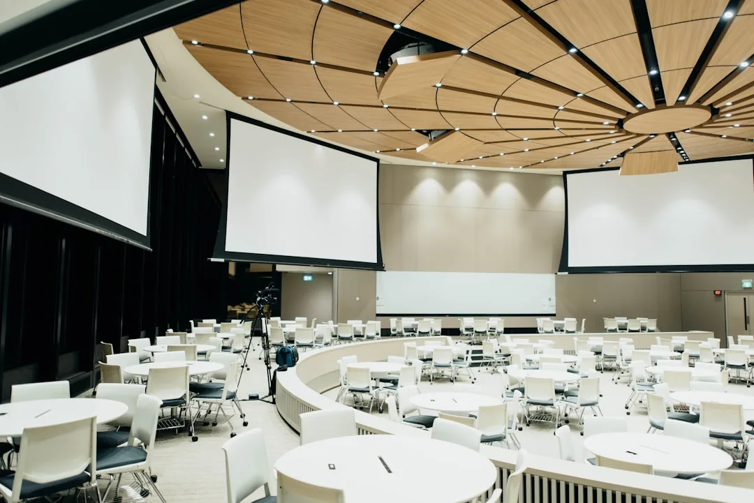 Modern hybrid celebration venue with simultaneous physical and digital guest participation