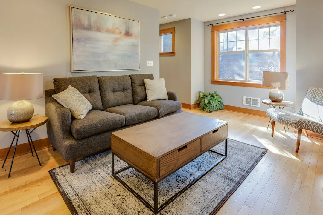 sustainable wood flooring warm living room — Interiors perspective 2