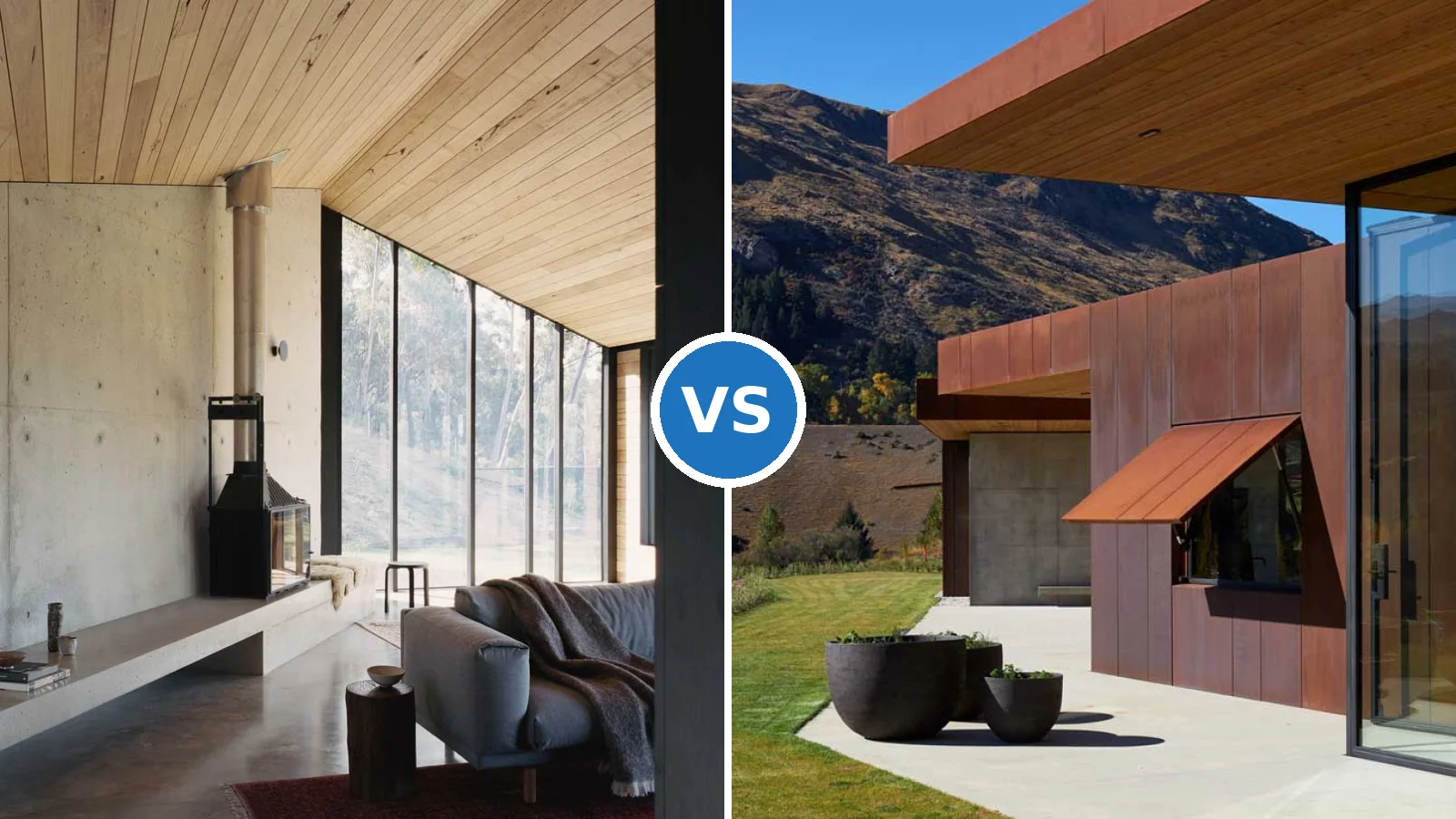 Wood cladding horizontal boards beside metal sheet facade panels, exterior comparison