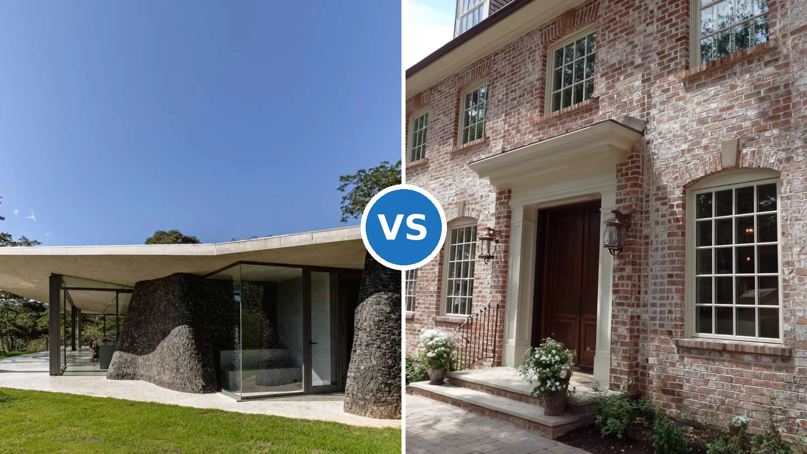 Side-by-side comparison of curved concrete exterior and modern brick wall designs showing brick vs concrete finishes