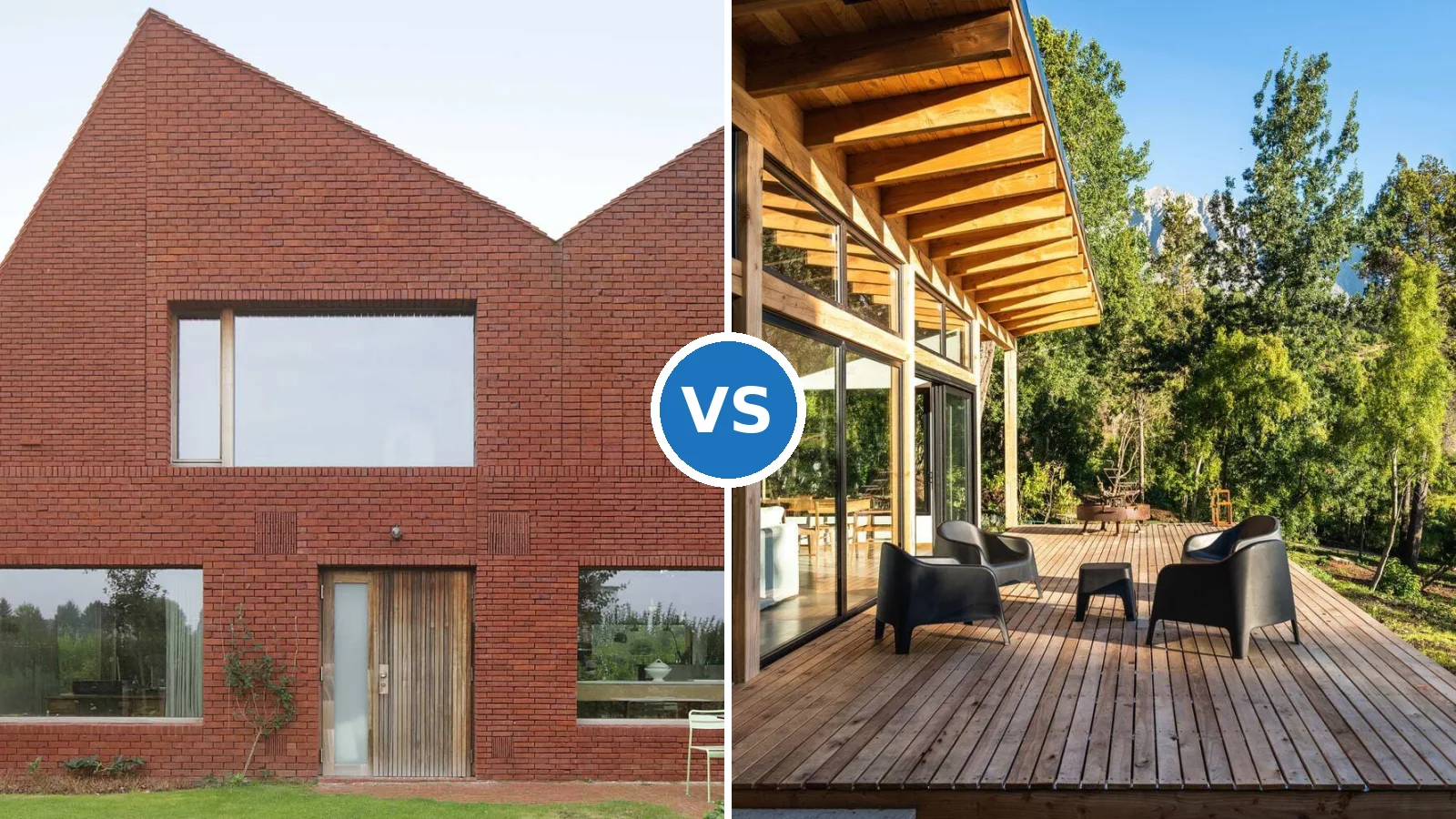 Side-by-side of brick house with asymmetric roof and wood stone exterior blending into landscape