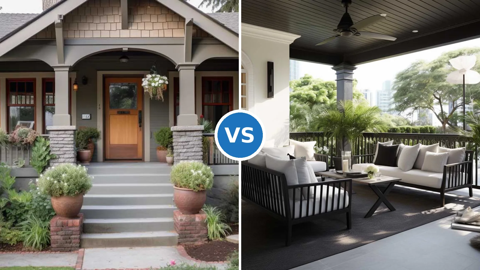 Split image showing a small contemporary front porch with modern lighting alongside a spacious rustic back porch with wooden furniture and greenery