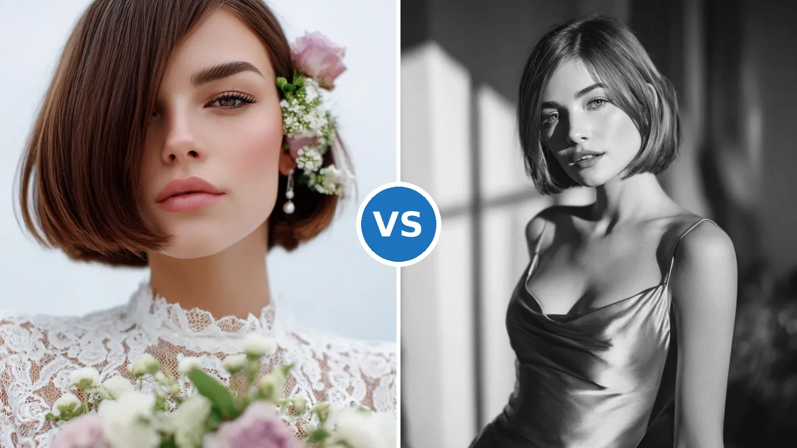 Side-by-side comparison of graduated bob with soft curls versus soft blunt bob with solid line
