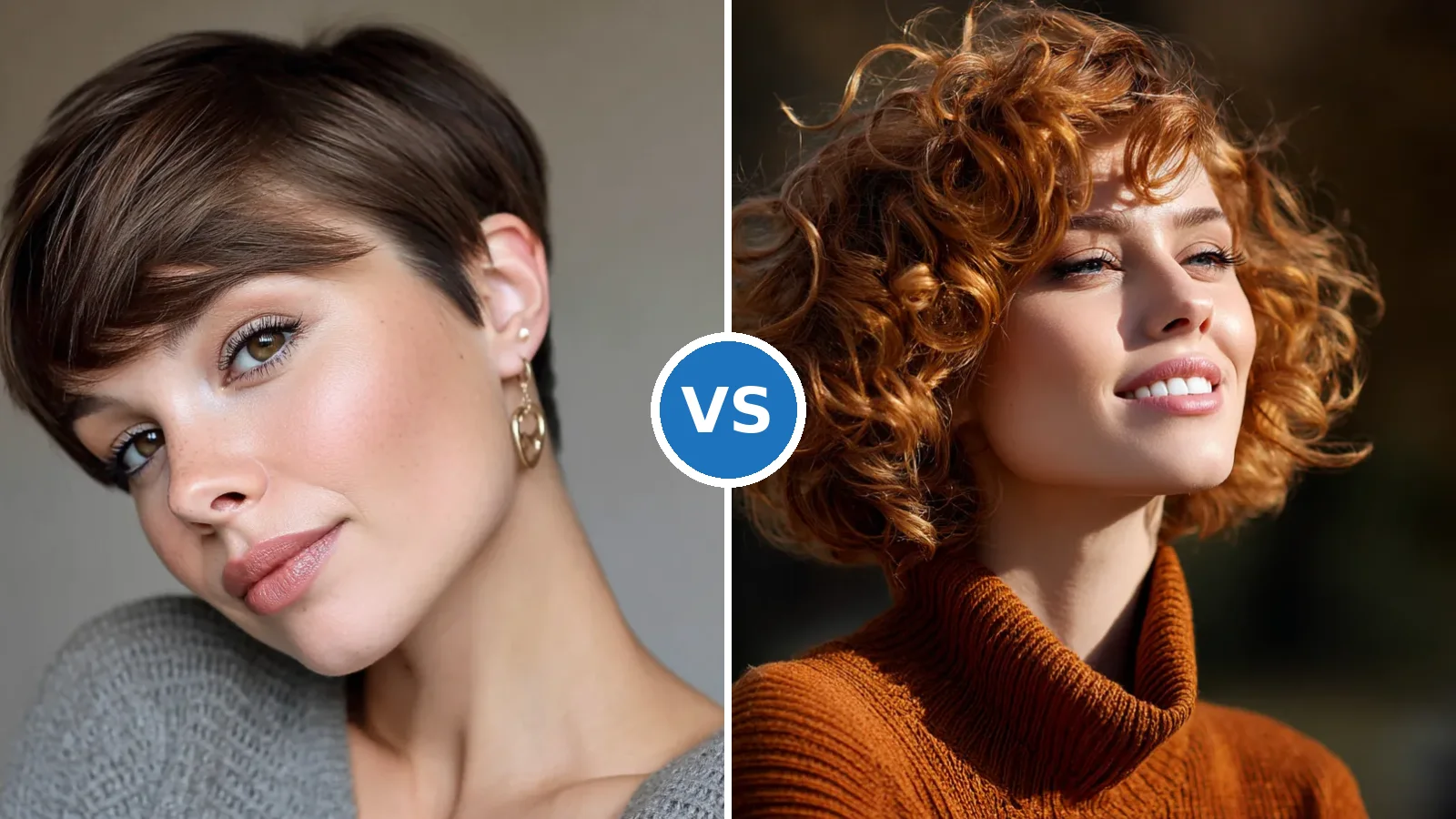 Side-by-side comparison of sleek pixie cut and curly bob hairstyle for different face shapes