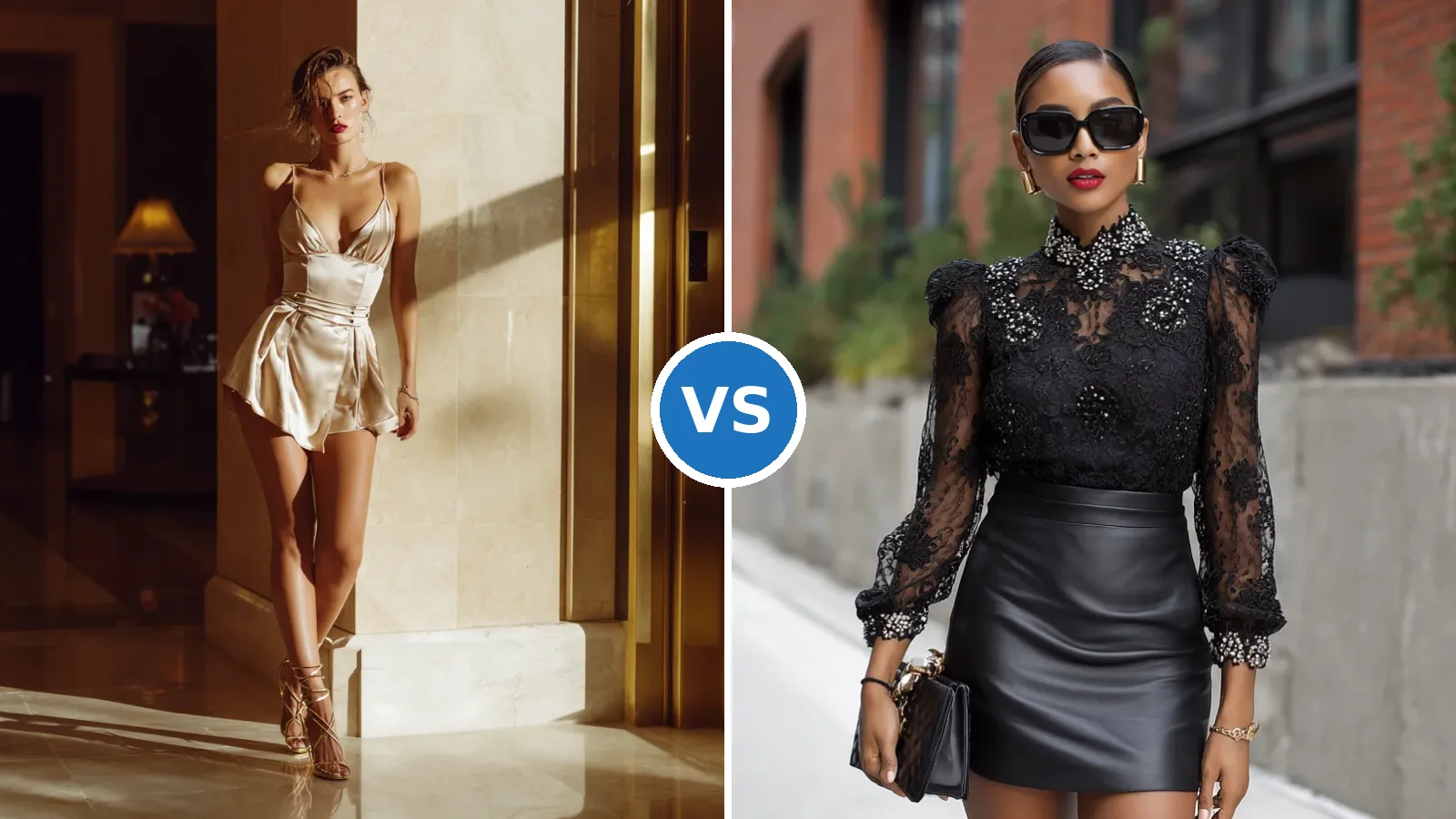 Side-by-side comparison of micro skirt vs mini skirt styling options with lace tops