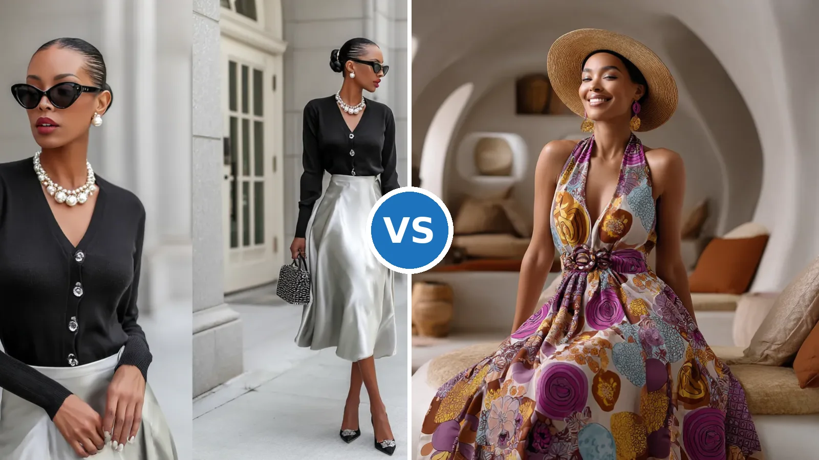 Side-by-side comparison of midi vs maxi skirt outfit styles with cardigans and dresses