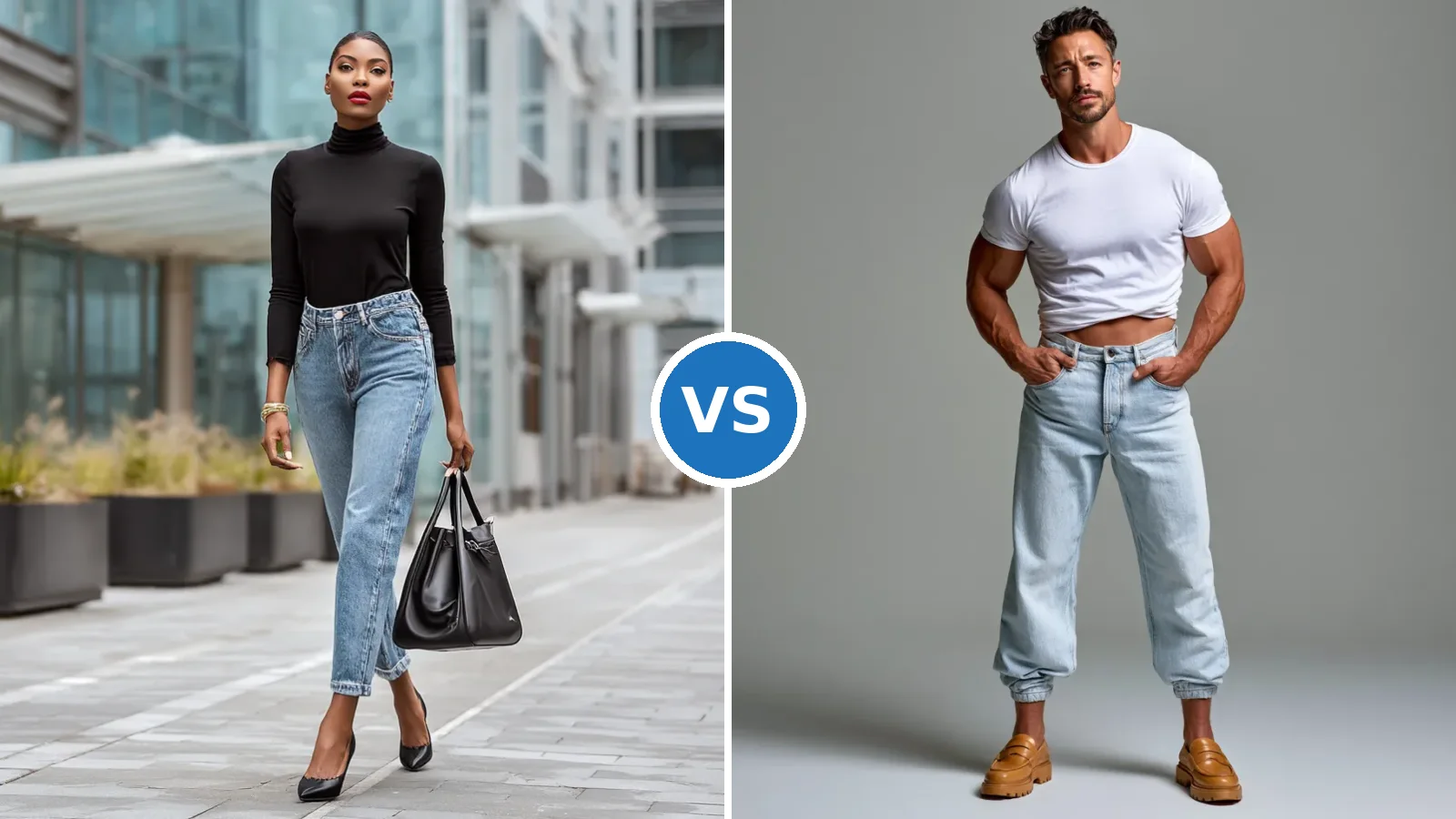 Side-by-side comparison of mom jeans relaxed high-waist fit and barrel leg jeans sculptural tapered silhouette