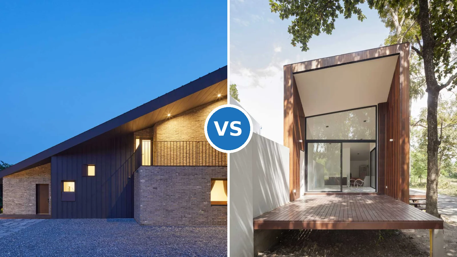 Side-by-side comparison of pent roof hillside house and contemporary shed roof home showing single-pitched designs