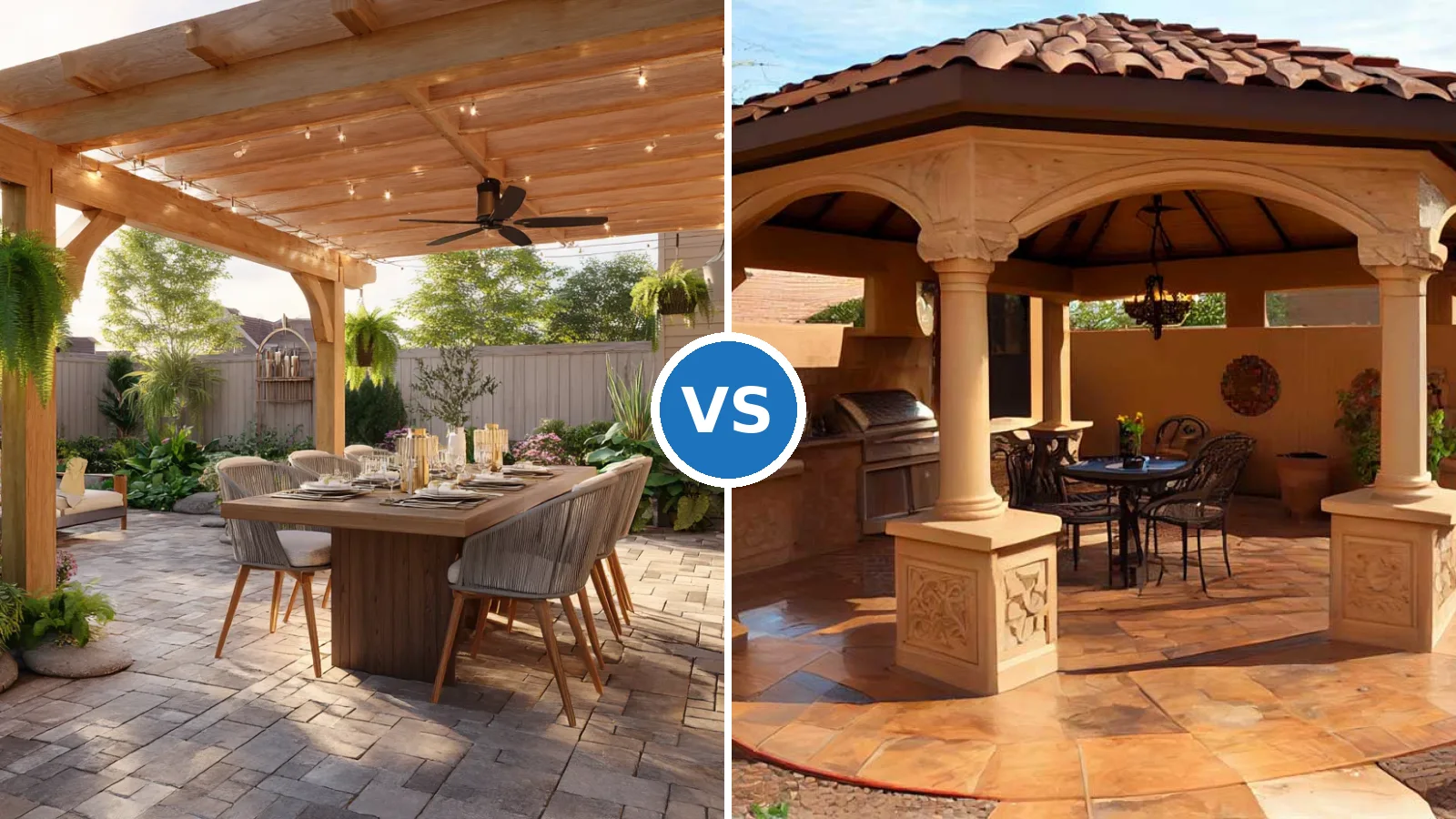 Side-by-side comparison of a wooden pergola and solid patio cover structure in a backyard