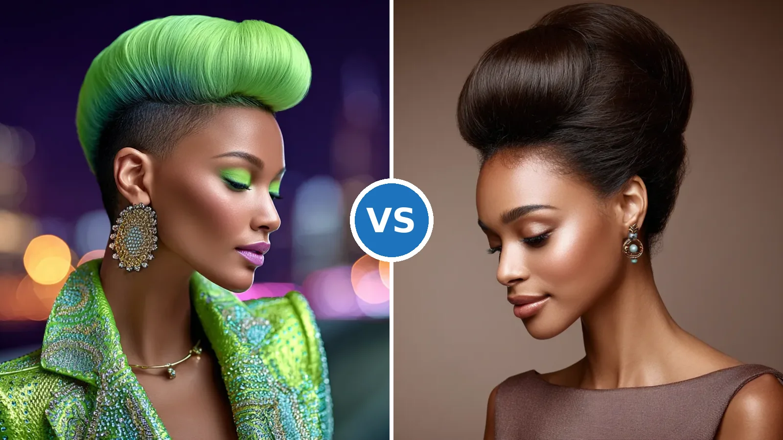 Side-by-side of pompadour vs bouffant updo styles on a model