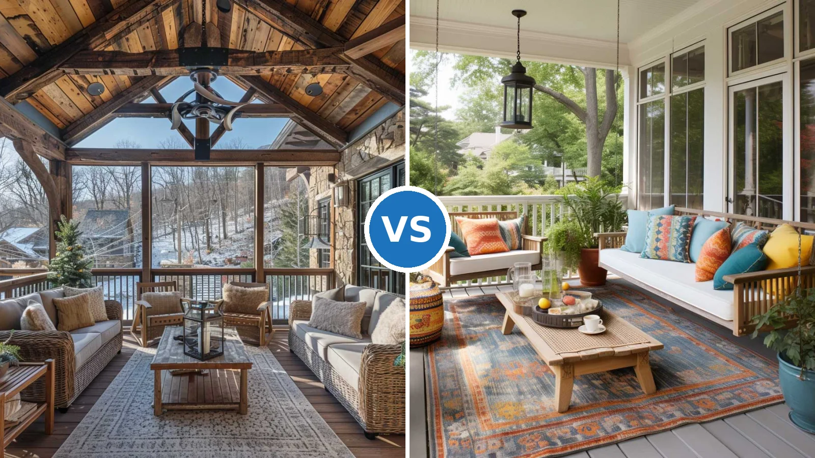 Side-by-side comparison of screened porch with mesh panels and glass-enclosed porch with full windows