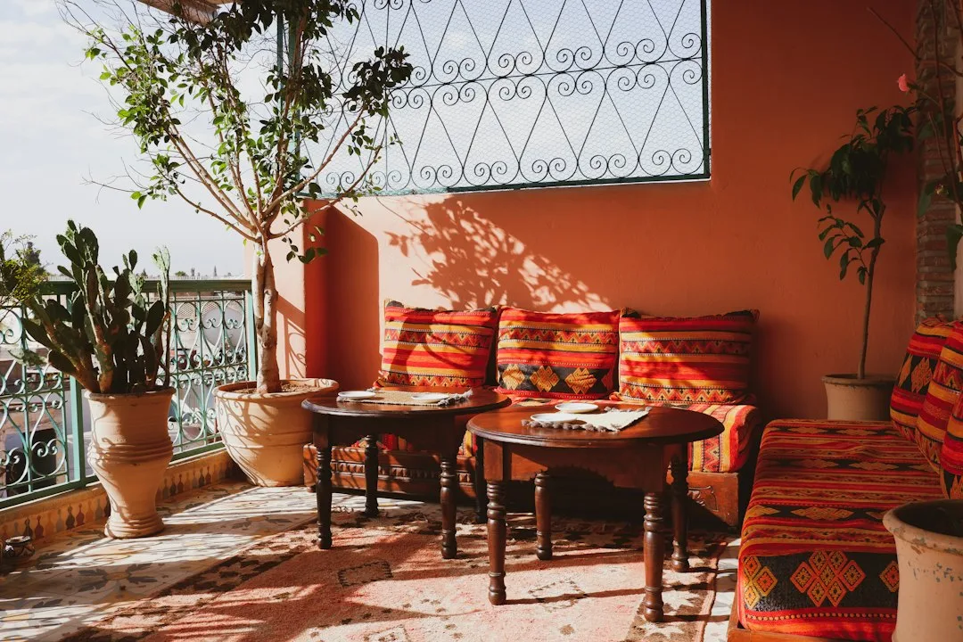 Patio rug with a pad and planters placed at its edges on a sunny backyard slab