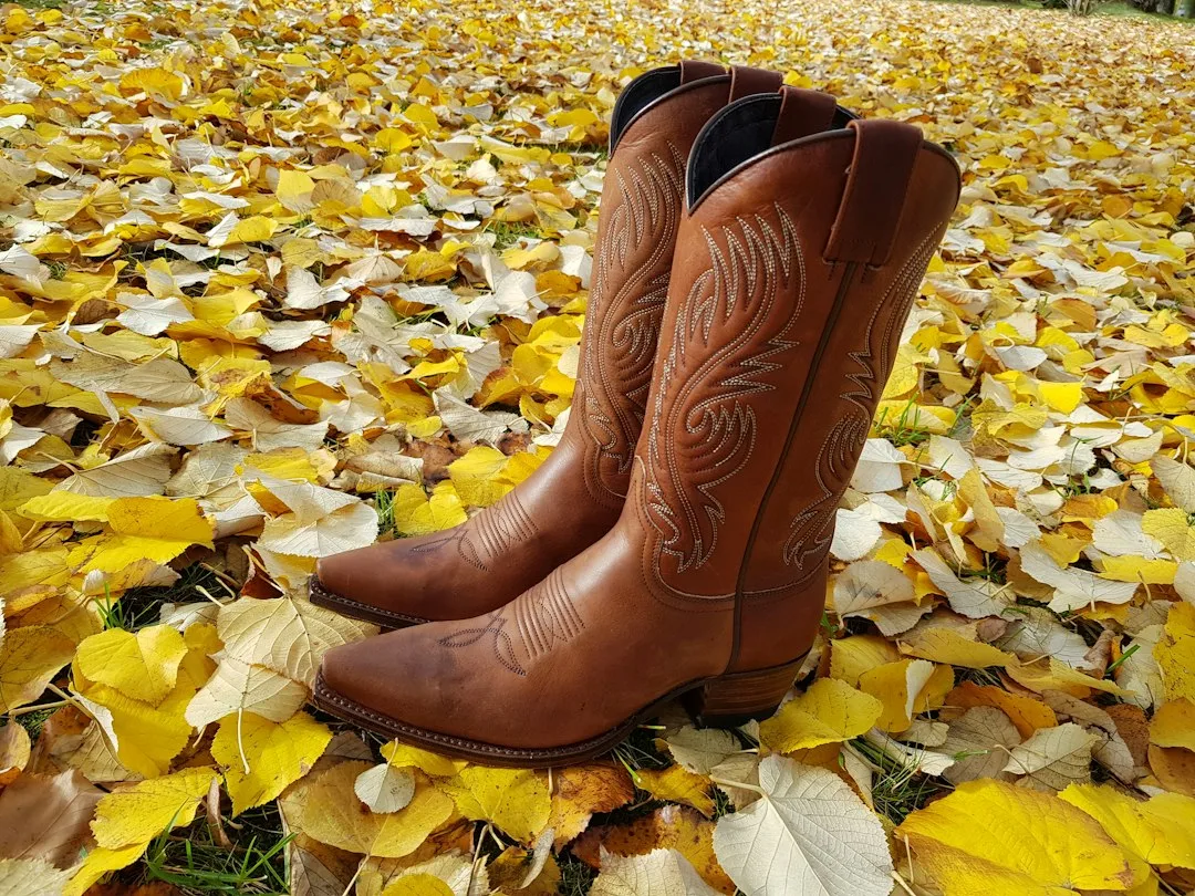 Close view of tan leather western boots with a stitched shaft on a wet autumn sidewalk