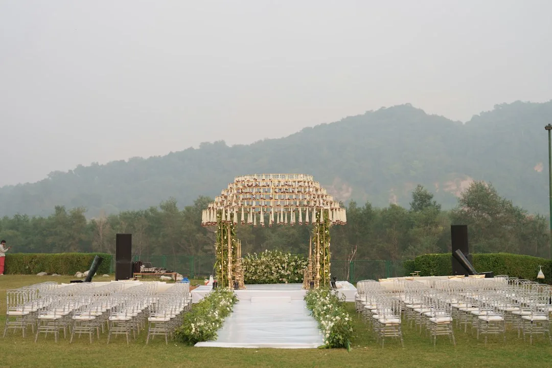 Ivory fabric runner with washable finish on a garden path at dusk