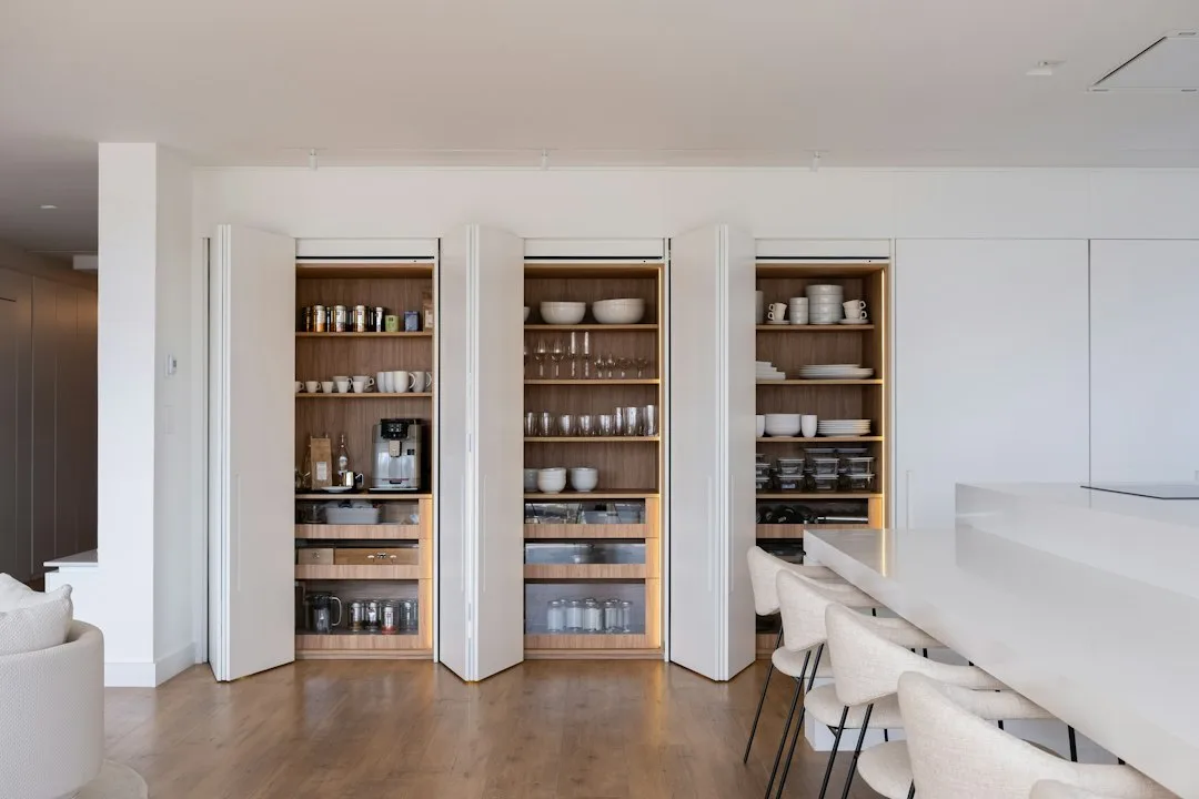 Modern stainless steel pantry door hardware with soft-close hinge detail