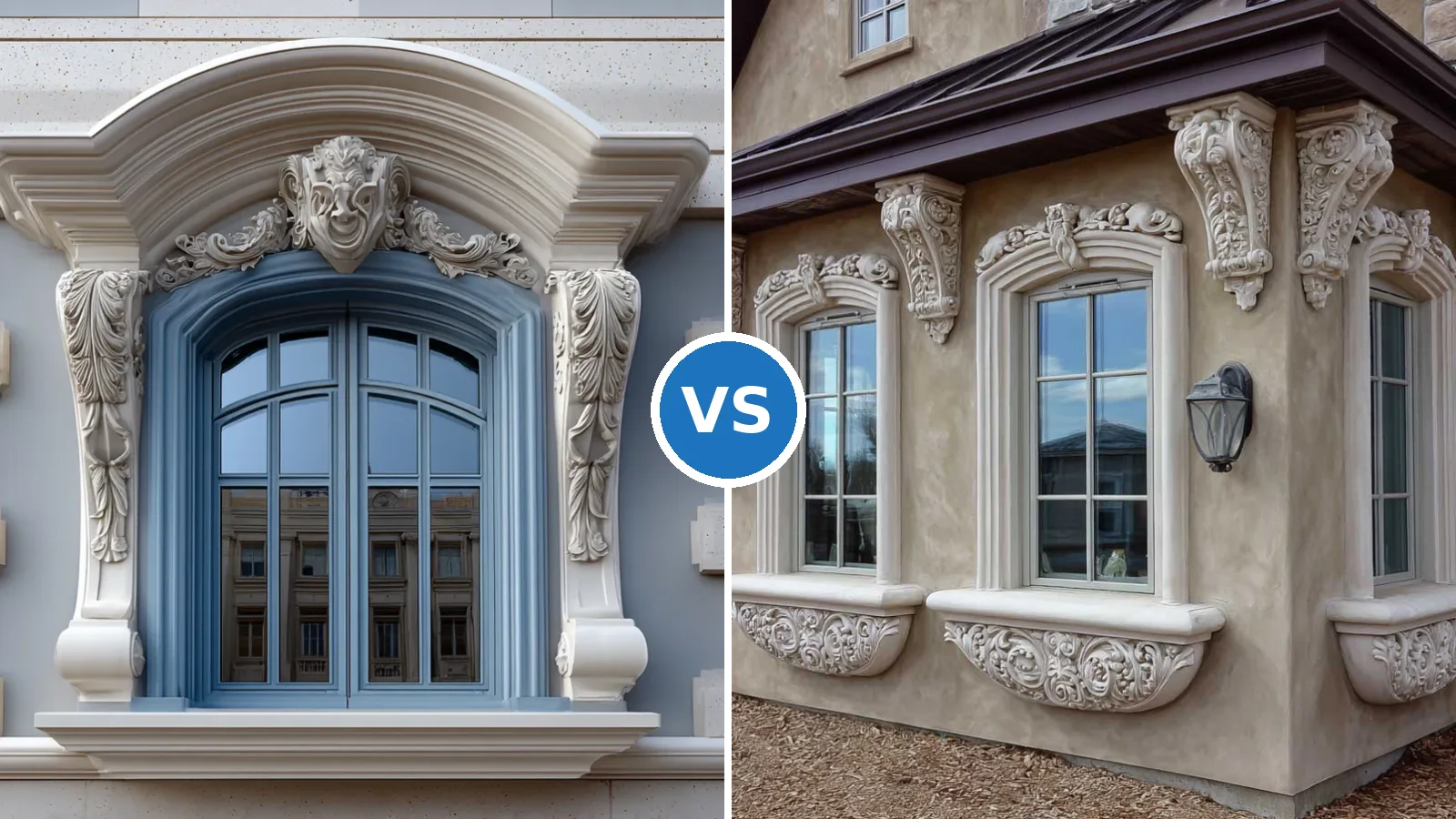 Casing vs trim side by side on a stucco facade