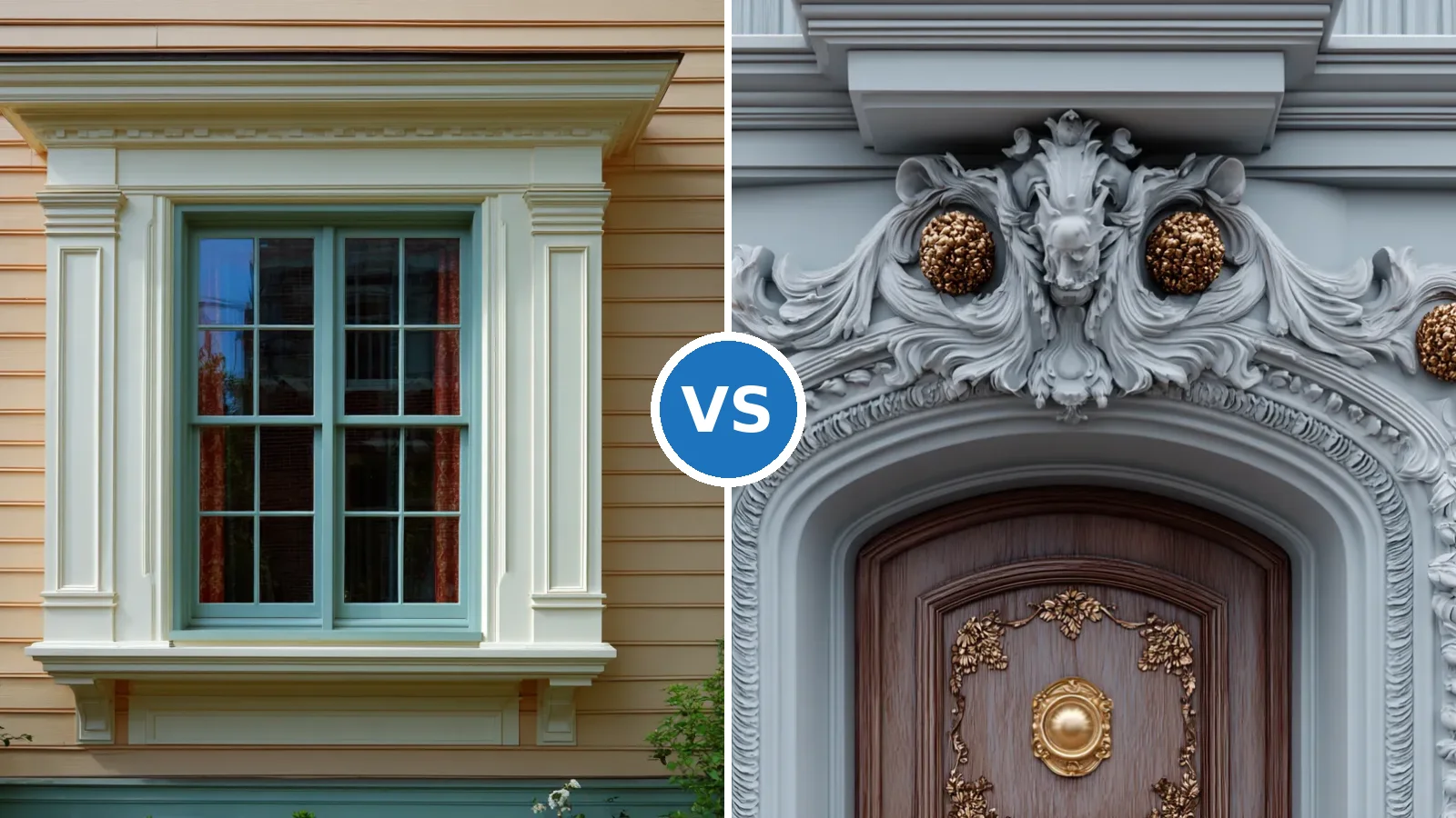Side-by-side comparison of window trim vs door trim styles on a home facade