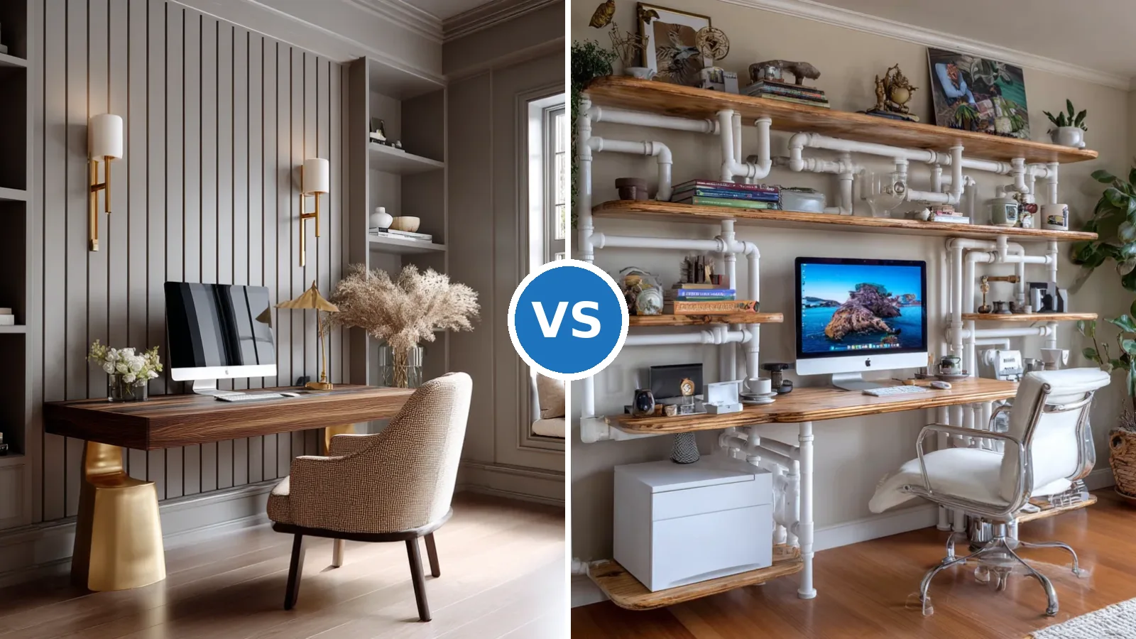 Side-by-side wpc wall panel vs pvc panel comparison in modern bedroom and living room settings